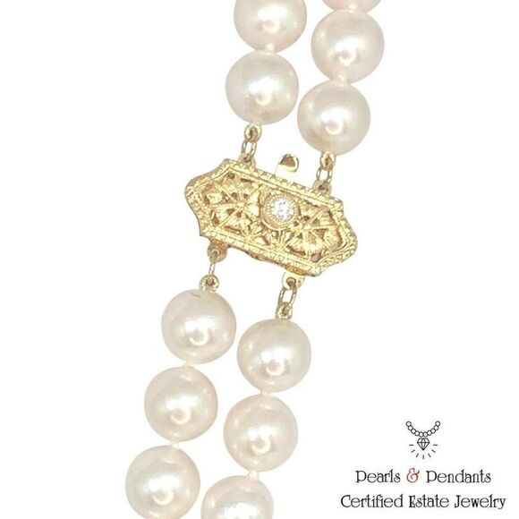 Diamond Akoya Pearl Necklace 8 mm 14k Gold 2-Strand Certified $9,750 010933 - Picture 4 of 8